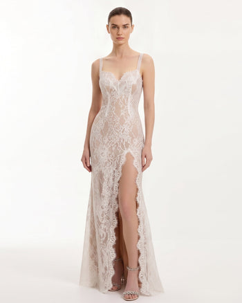 Robe Maxi en Dentelle à Fente - Blanc