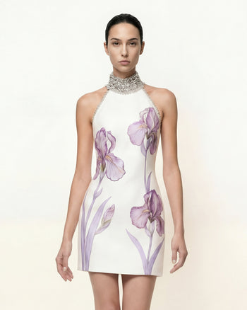 Robe dos nu à motif Iris ornée de bijoux - Blanc