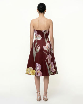 Robe trapèze bustier à imprimé floral Iris - Bordeaux