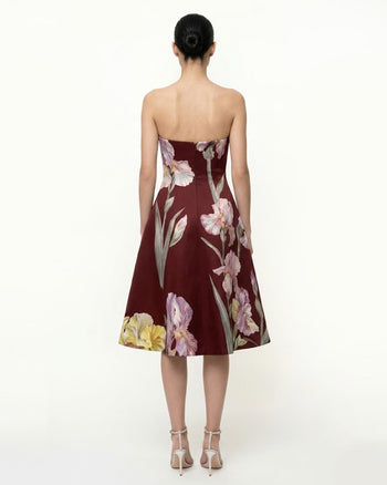 Robe trapèze bustier à imprimé floral Iris - Bordeaux