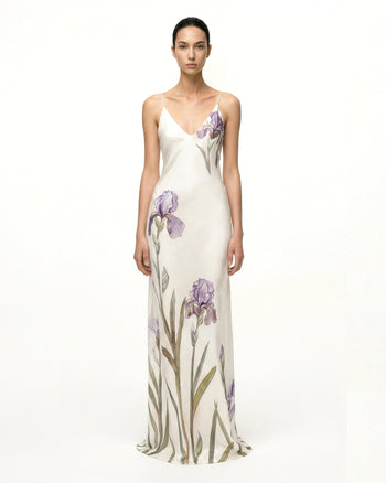 Robe-nuisette longue en satin à motif Iris - Blanc