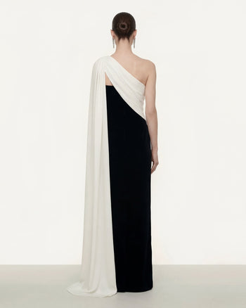 Robe longue drapée à une épaule - Noir et blanc