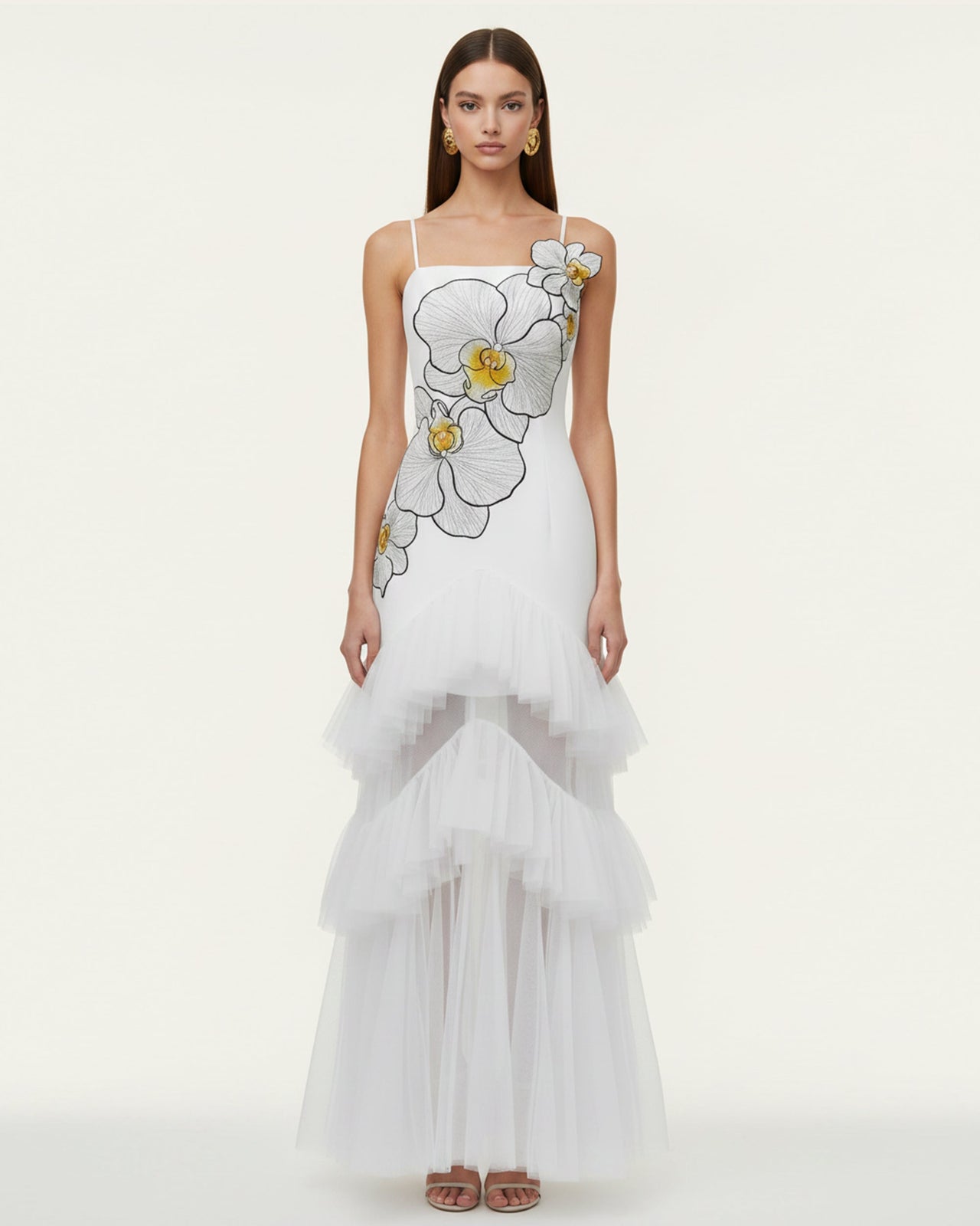 Robe longue bustier en tulle à volants brodée d'orchidées - Blanc
