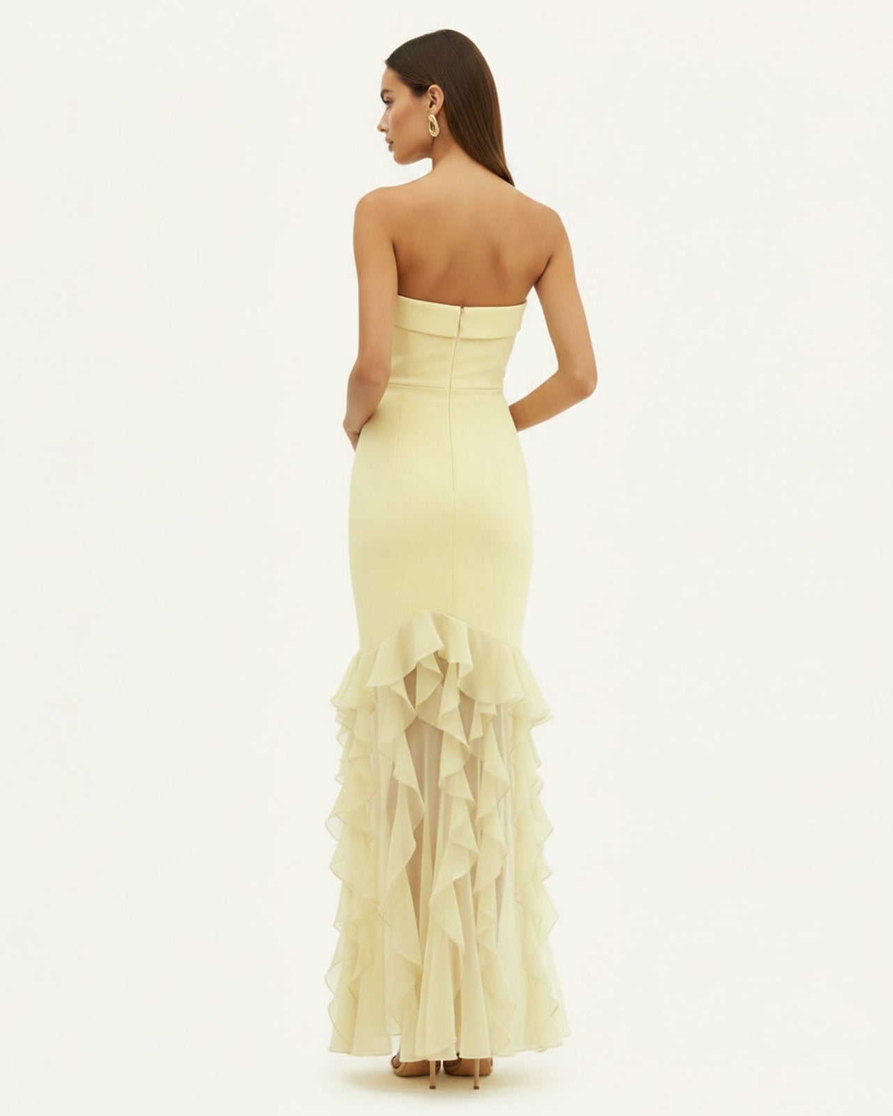 Robe longue bustier à volants brodée d'orchidées - Jaune pâle