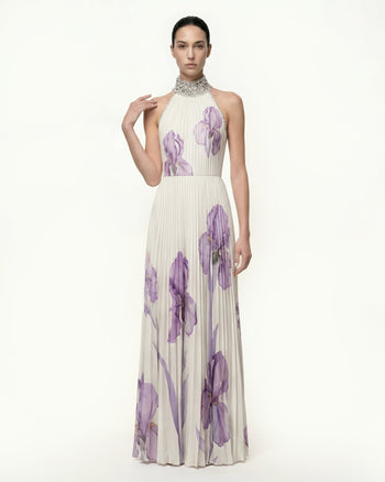 Robe longue plissée dos nu à col bijoux et imprimé Iris - Blanc/Violet