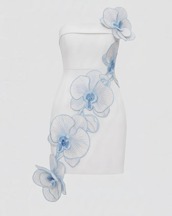 Orchid Mini Robe Bandeau Appliqués Floraux Broderie - Blanc Bleu
