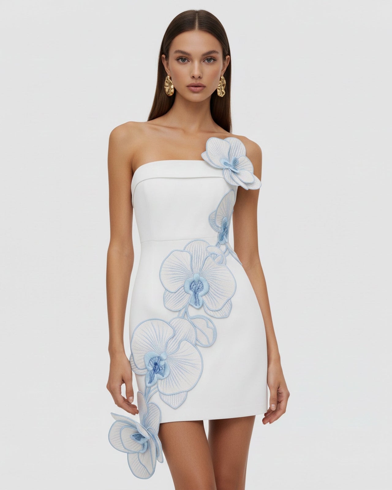Orchid Mini Robe Bandeau Appliqués Floraux Broderie - Blanc Bleu