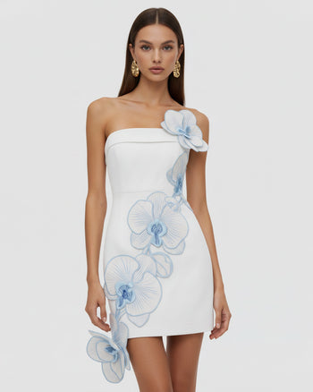 Orchid Mini Robe Bandeau Appliqués Floraux Broderie - Blanc Bleu