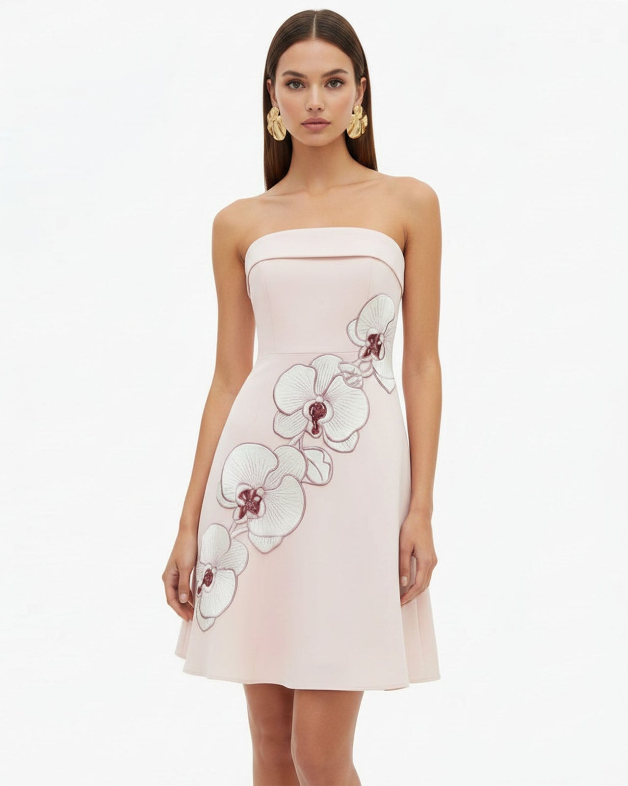 Orchid Robe Midi Patineuse Bandeau Broderie - Rose Blush