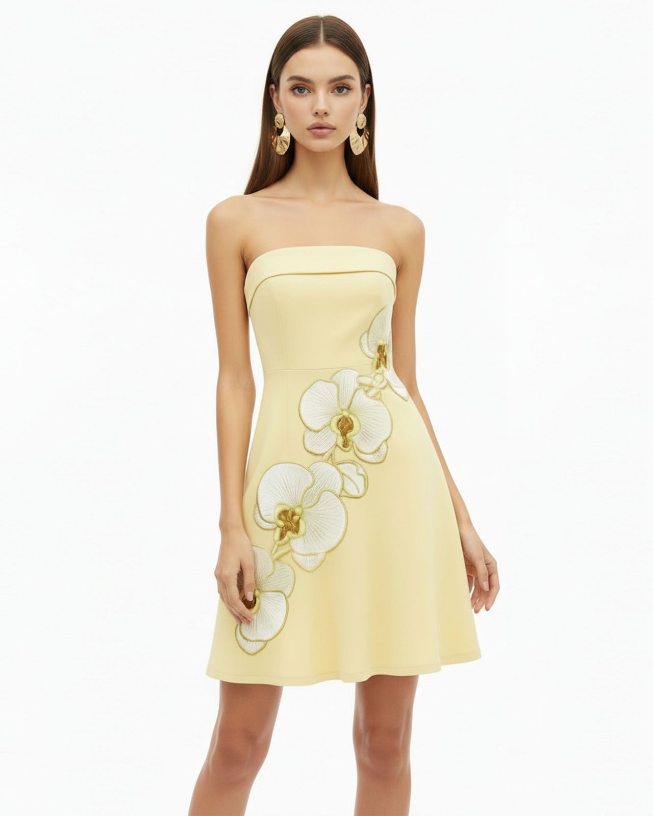 Orchid Robe Midi Patineuse Bandeau Broderie - Jaune Pâle