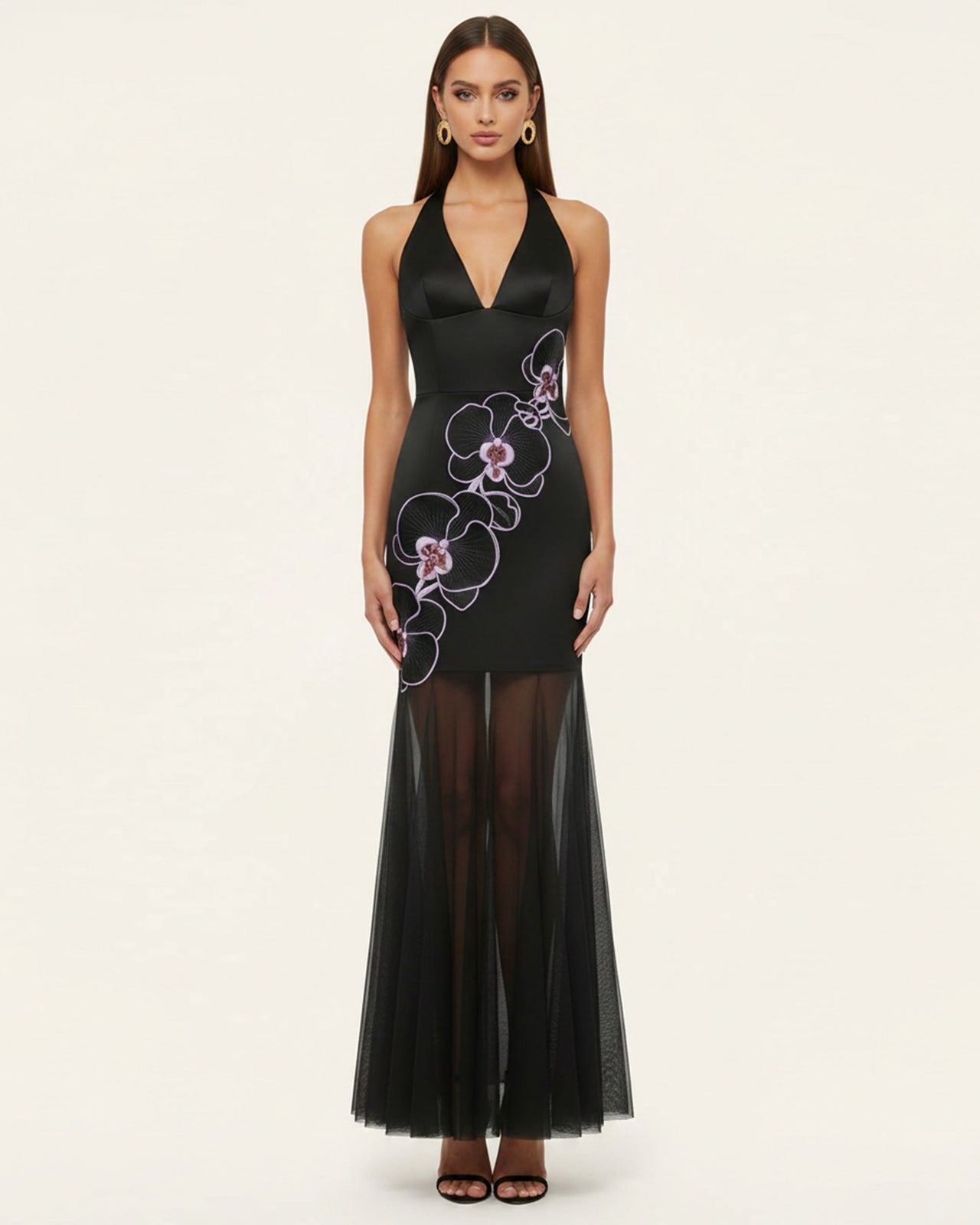 Orchid Robe Longue Plissée Broderie Bords Effilochés Dos Nu - Noir Violet