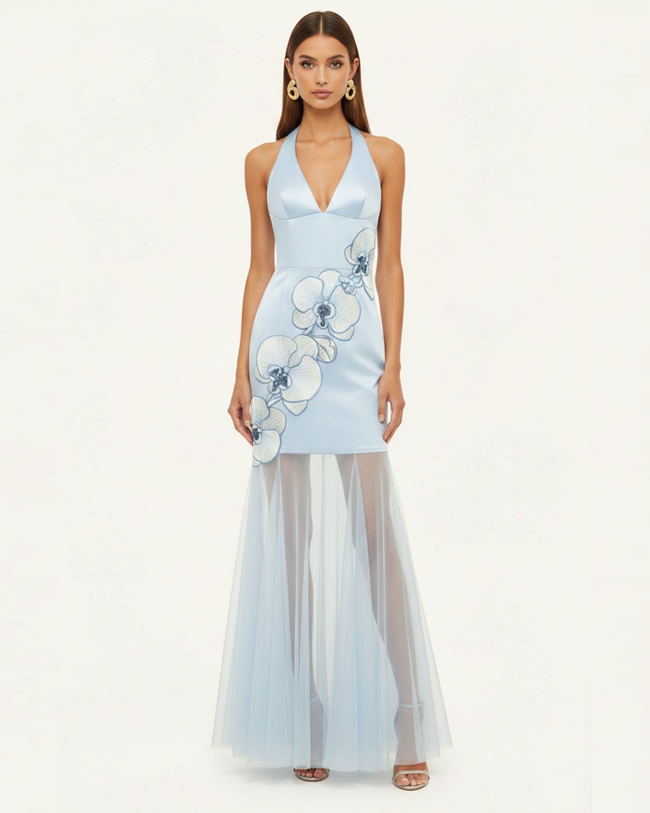 Orchid Robe Longue Plissée Broderie Bords Effilochés Dos Nu - Bleu Clair