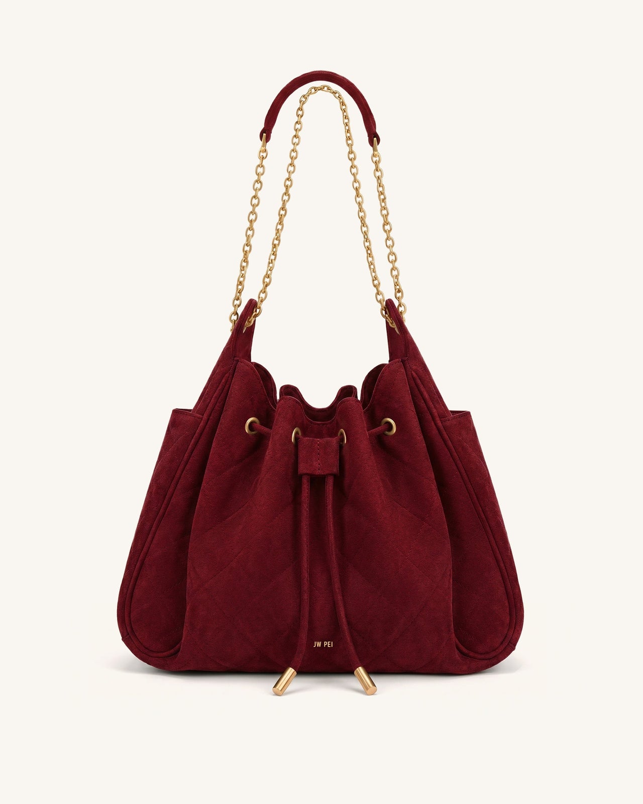 Rowan Sac seau matelassé à chaîne en faux suède - Rouge foncé