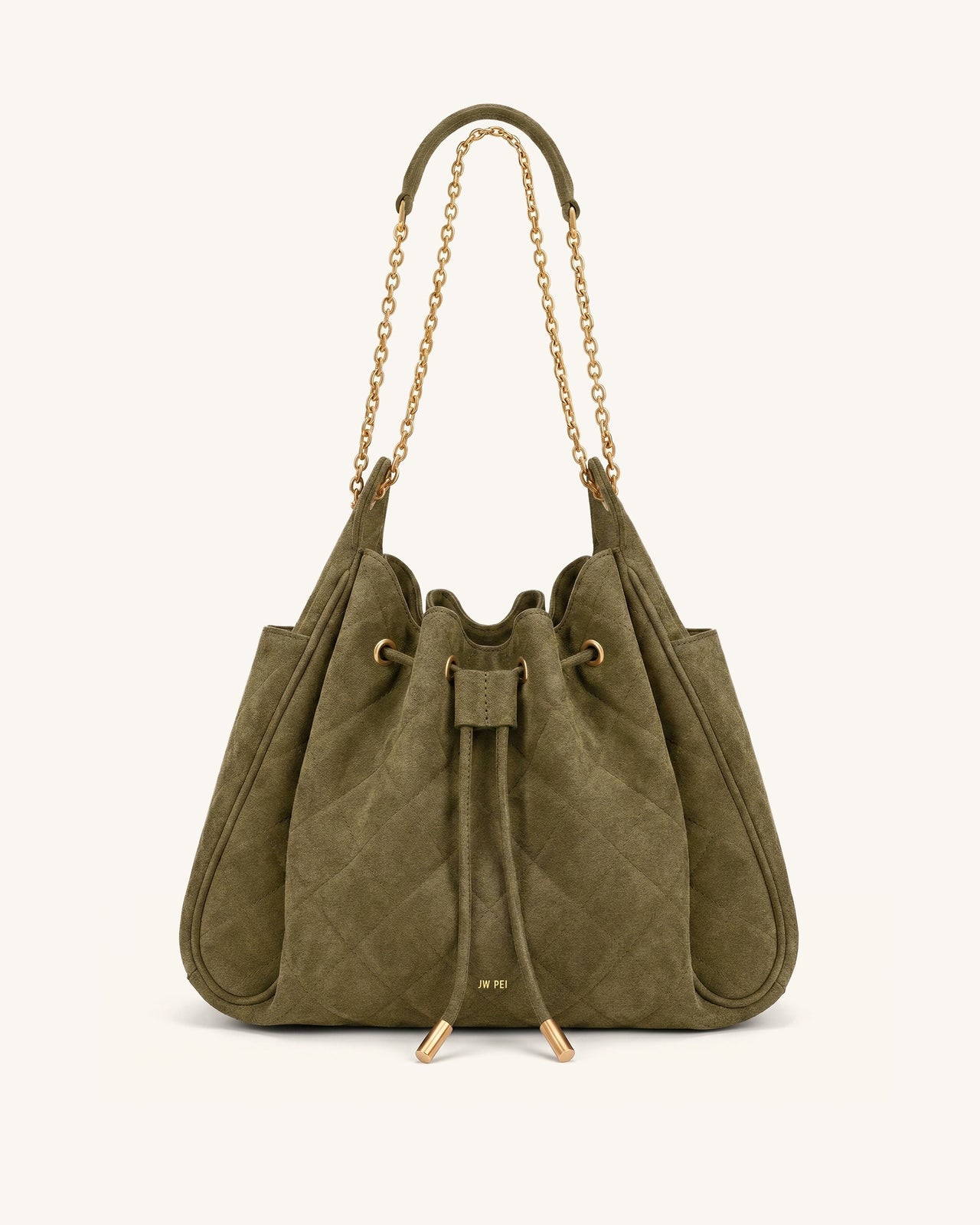 Rowan Sac seau matelassé à chaîne en faux suède - Vert olive