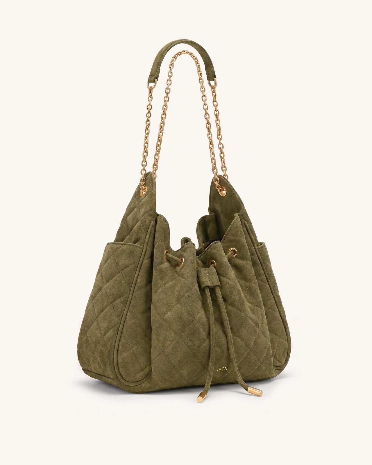 Rowan Sac seau matelassé à chaîne en faux suède - Vert olive