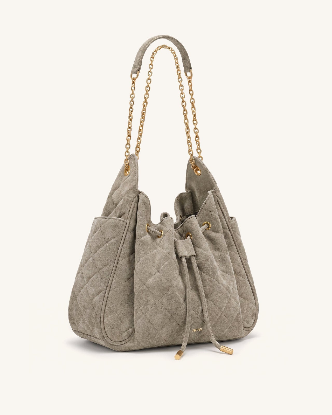 Rowan Sac seau matelassé à chaîne en faux suède - Gris