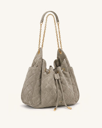 Rowan Sac seau matelassé à chaîne en faux suède - Gris