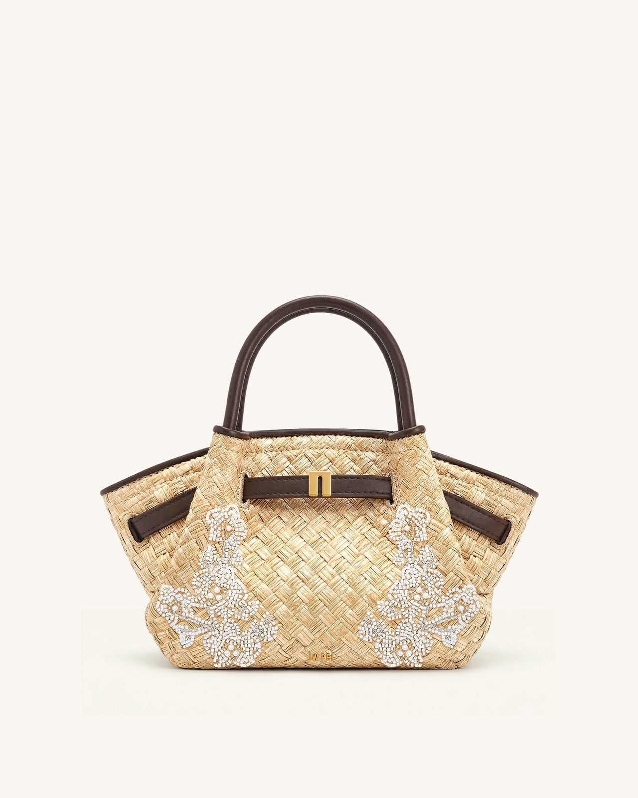 Mini sac cabas en fausse paille orné de perles Hana - Marron