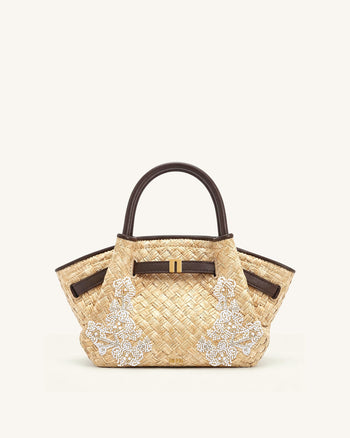 Mini sac cabas en fausse paille orné de perles Hana - Marron