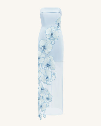 Robe brodée d'orchidées – Bleu Clair