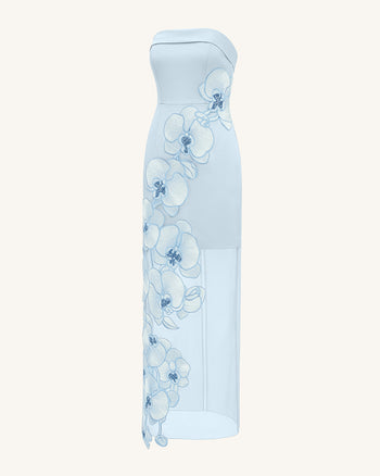 Robe brodée d'orchidées – Bleu Clair