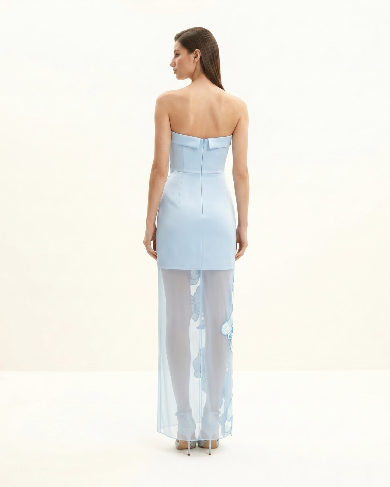 Robe brodée d'orchidées – Bleu Clair