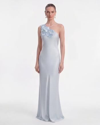 Robe longue à une épaule avec appliqués floraux - Bleu clair