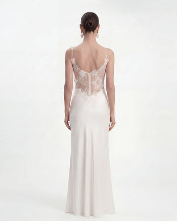 Robe longue en dentelle transparente avec appliqués floraux - Blanc