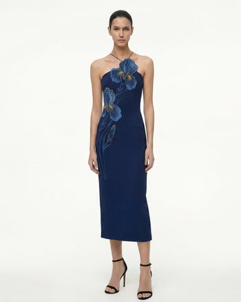 Iris Robe midi dos nu brodée - Bleu marine