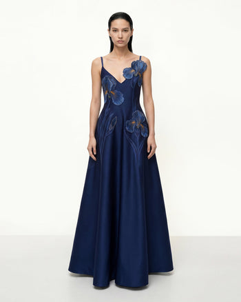 Iris Robe longue trapèze brodée - Bleu marine