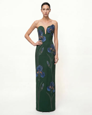 Iris Robe longue bustier brodée à encolure à encoche - Vert émeraude