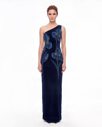 Iris Robe longue en velours brodée asymétrique - Bleu marine