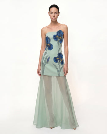 Iris Robe longue bustier brodée avec voile transparent - Vert sauge