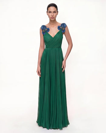 Iris Robe longue brodée à col en V et plis - Vert émeraude
