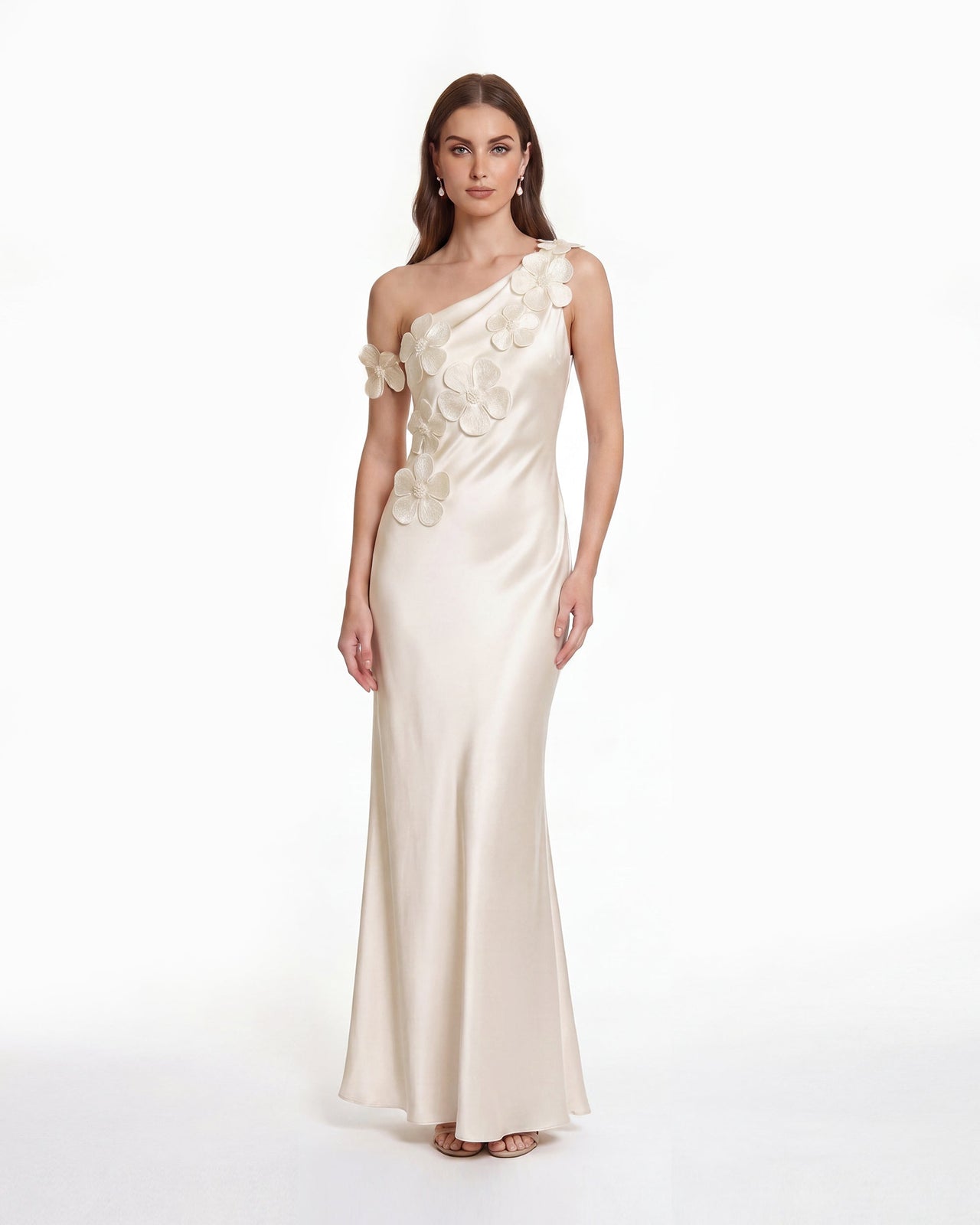 Robe longue fourreau asymétrique à applications florales - Ivoire