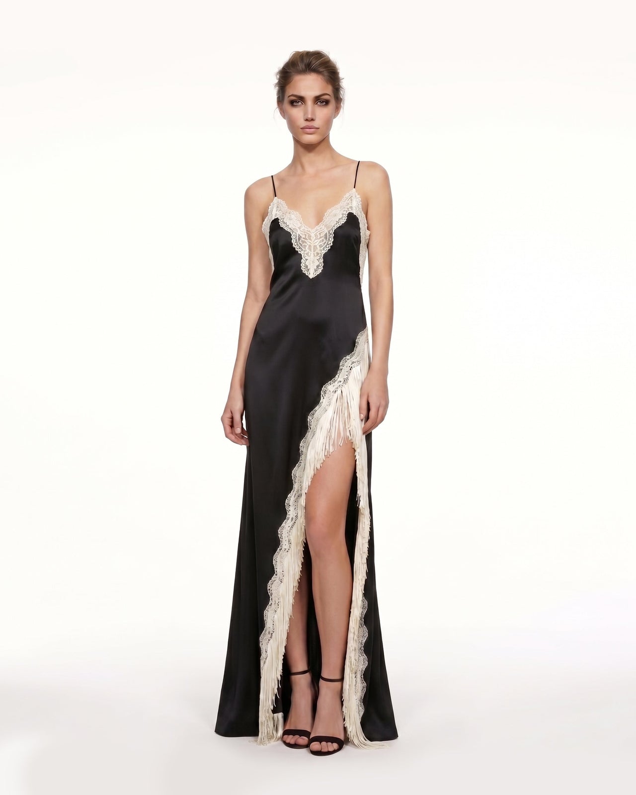 Lace Robe longue en satin fendue à franges - Noir