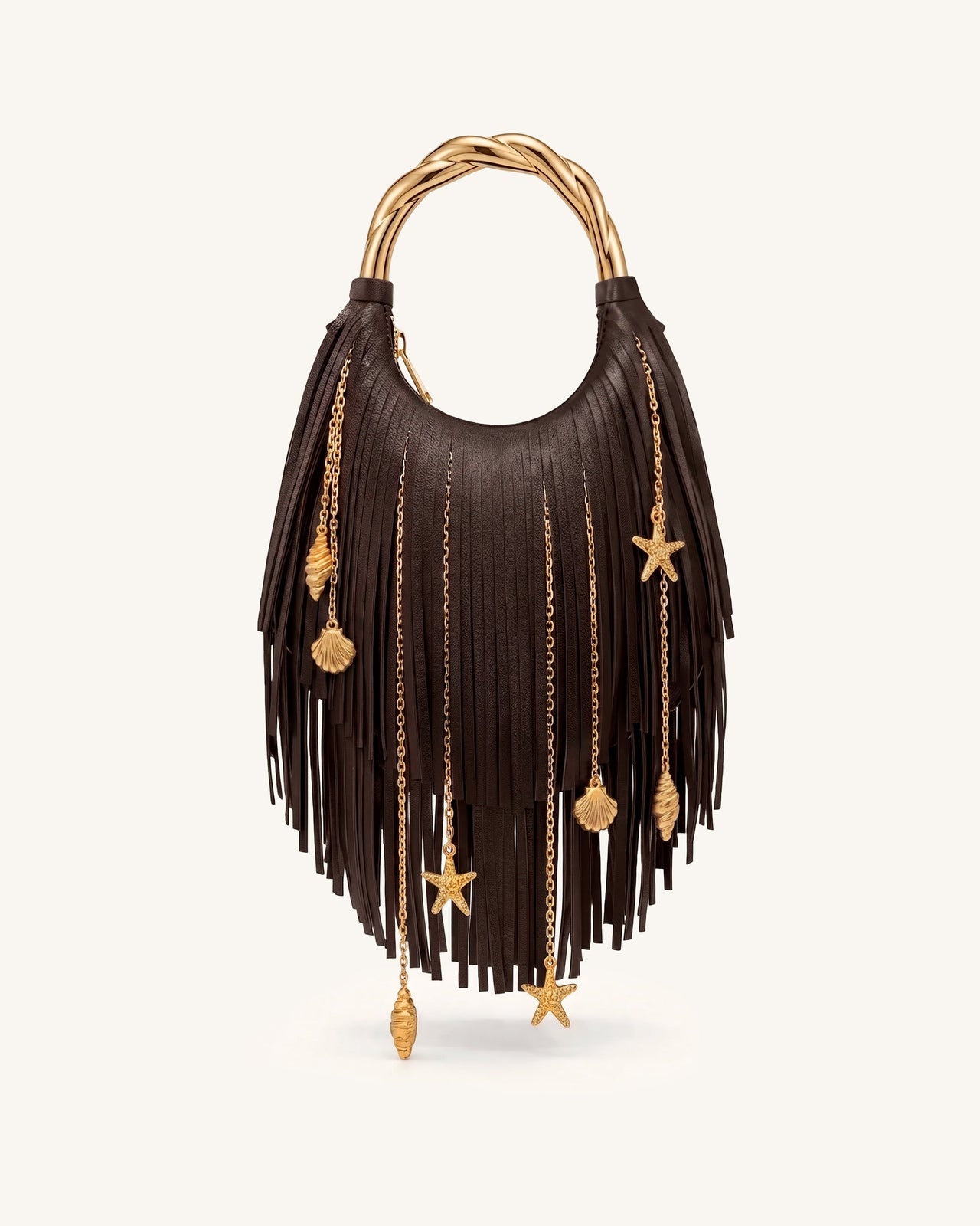 Chloe Sac à main à poignée en métal et franges - Marron foncé