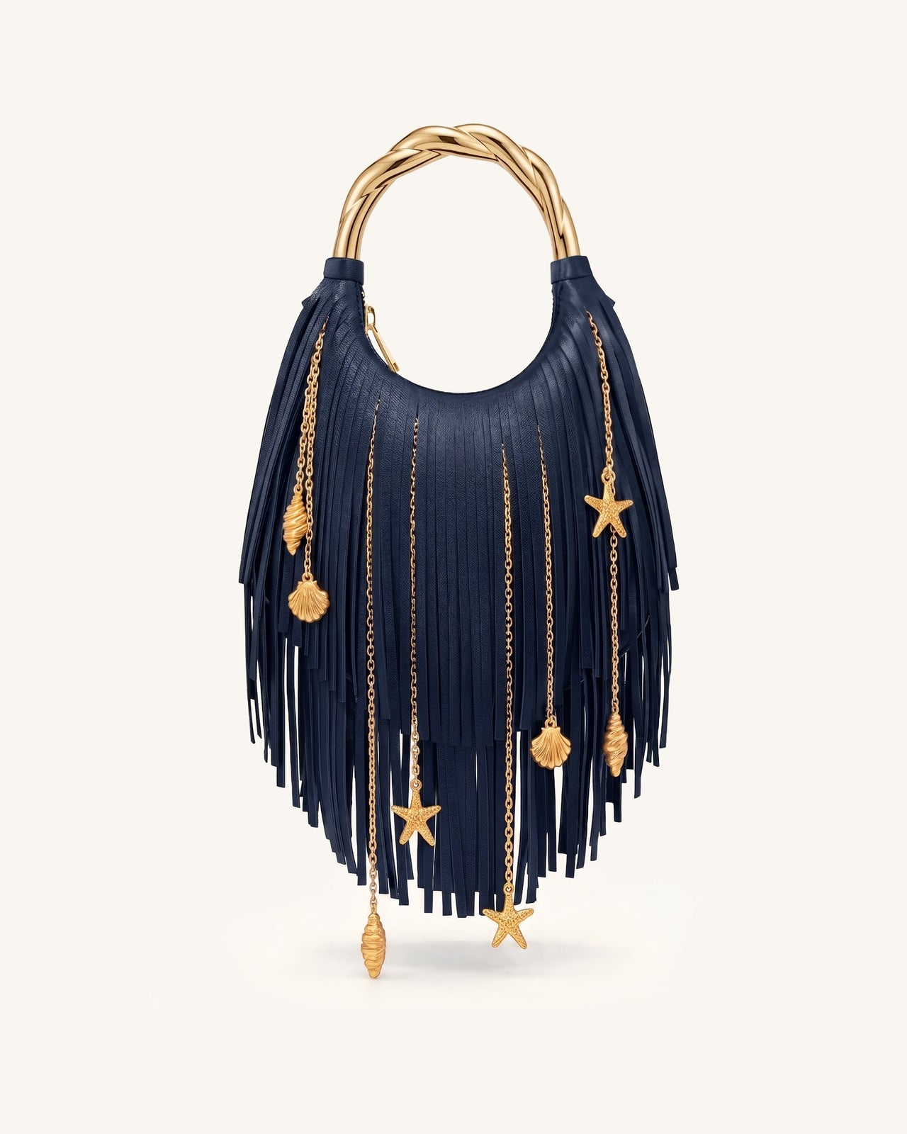 Chloe Sac à main à poignée en métal et franges - Bleu marine
