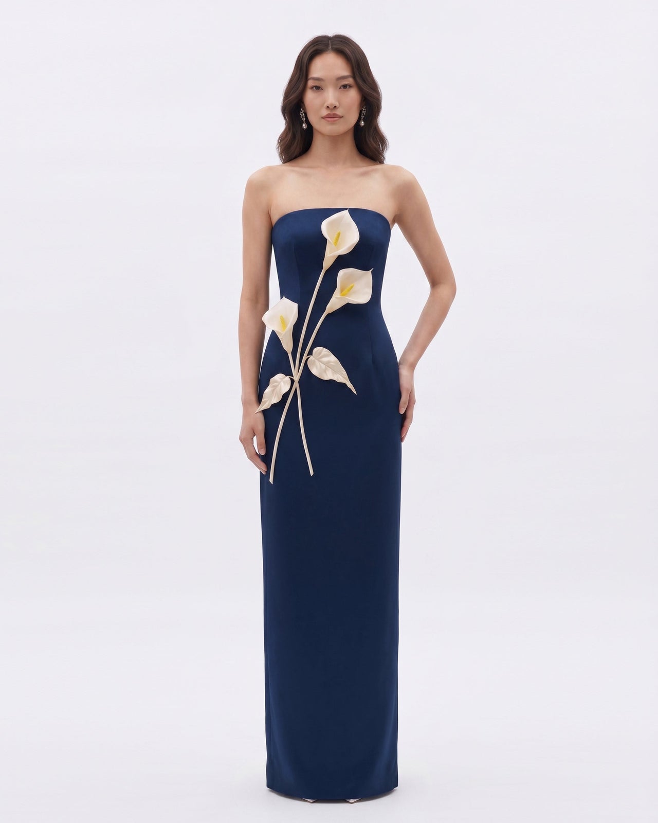 Robe bustier à appliqués floraux - Bleu marine