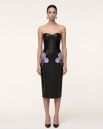 Iris Robe midi corset en cuir à imprimé floral - Noir