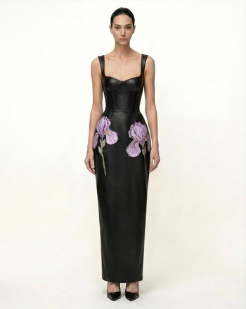 Iris Robe longue corset à bretelles en cuir à imprimé floral - Noir