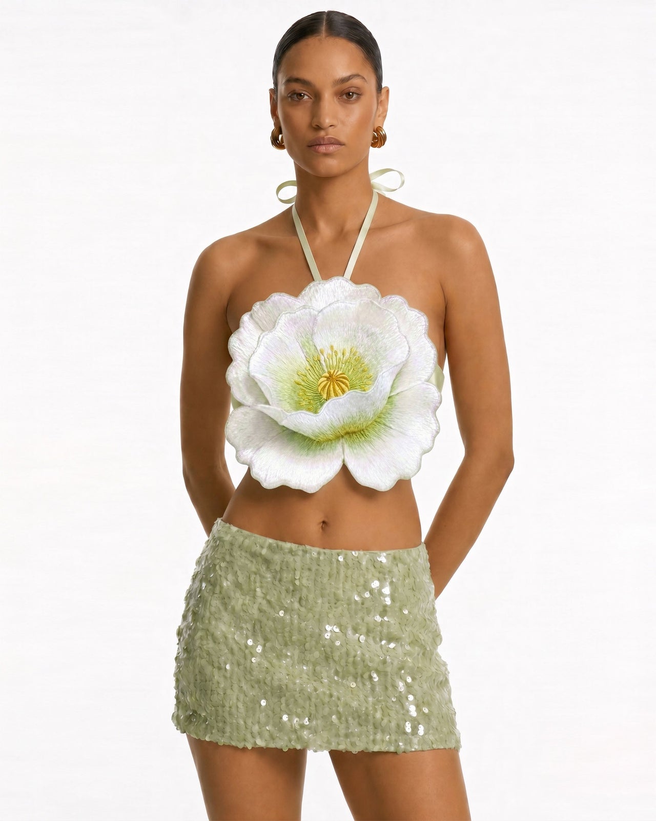 Haut court dos nu à fleurs 3D - Ivoire