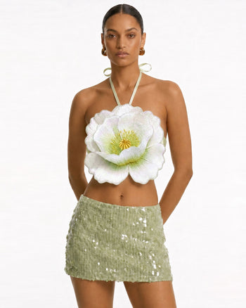 Haut court dos nu à fleurs 3D - Ivoire