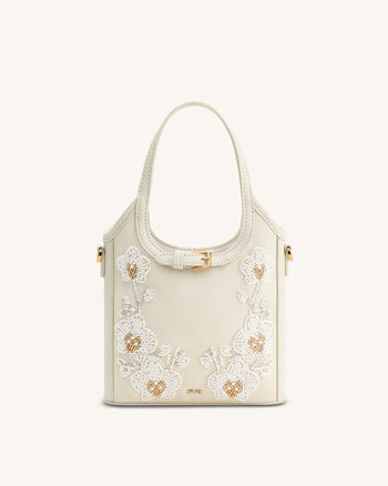 Brooke Mini sac à main orné d'une orchidée perlée avec ceinture - Ivoire