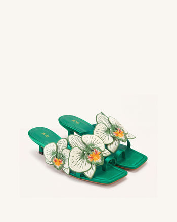 Serena Sandales à talons avec bague d'orteil et broderie d'orchidée - Vert émeraude