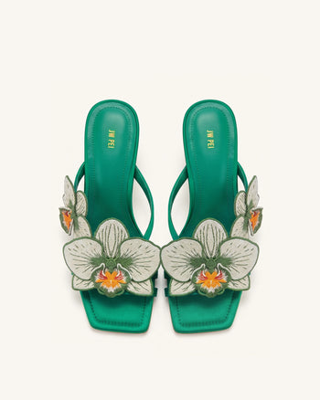 Serena Sandales à talons avec bague d'orteil et broderie d'orchidée - Vert émeraude