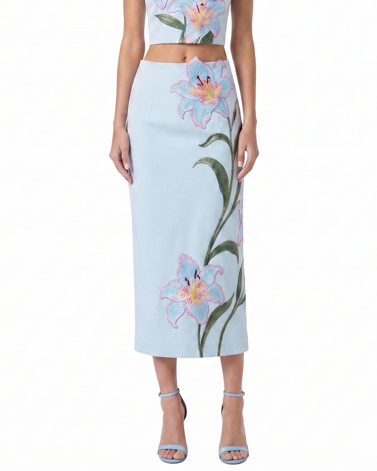 Lily Jupe crayon mi-longue taille haute brodée de fleurs - Bleu clair