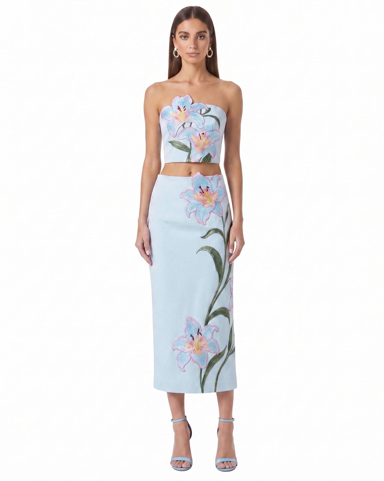 Lily Jupe crayon mi-longue taille haute brodée de fleurs - Bleu clair