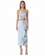 Lily Jupe crayon mi-longue taille haute brodée de fleurs - Bleu clair