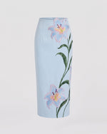 Lily Jupe crayon mi-longue taille haute brodée de fleurs - Bleu clair